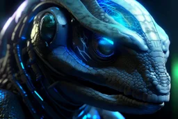 close-up portrait of a lizard with cybernetic enhancements, wearing a futuristic neural interface helmet, glowing LED implants on face, cyberpunk aesthetics, highly detailed, cinematic lighting, soft shadows, emotional expression, realistic textures, 8k, HDR