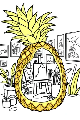 Pineapple Cozy Art Studio Coloring Page: A pineapple cross-section displaying an art studio. Features an easel, paint palettes, brushes, and artworks hung on the walls.