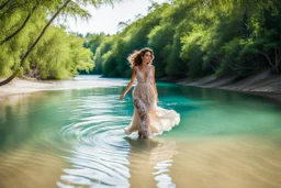 beautiful girl in pretty dress walking in water toward camera in trees next to wavy river with clear water and nice sands in floor.camera capture from her full body front