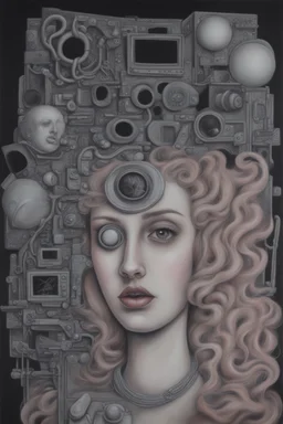 unsated lust on tech can lead to an untimely death; Surrealism; pastel pencils over black ink