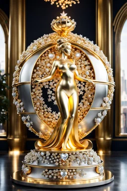 A magnificent golden and silver heart-shaped sign adorned with a stunning golden sphere encrusted with sparkling diamond clusters at its center, elegantly spinning in position,a golden statue of a girl in standing pose