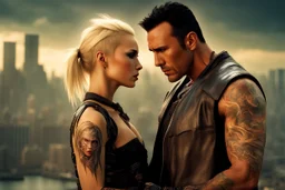 Jason David Frank short dark hair with tribal tattoos hugging pretty blonde shorthaired girl crying, photo realistic, modern dark fantasy, cityscape