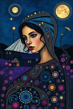 Surreal-dadaism of a village young lady, fauvism mondrial by Ross Draws,Andy Kehoe, Hokusai, deep blue, deep purple, gold foil, copper foil Zentangle, math art, dot art, circle art, spiral art, concrete art, by Norman Rockwell, by ivv, Anton Fadeev, Krenz Cushart, geometrical and lace pattern