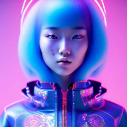 asian woman teenager, few freckles, padded coat, retro futuristic, latex dress, gradient color, BLUE, PINK, CYAN, neon, insanely detailed, 16k resolution, perfect eyes, cinematic smooth, intricate detail