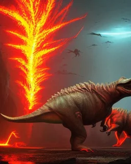 Movie poster, (dinosaurs), lava, active volcano, ash, forest, dynamic lighting, dynamic movement, panorama, wide-angled lense, DSLR, dramatic, 8k resolution concept art hyperdetailed cyberpunk dystopian 8k resolution holographic astral cosmic illustration mixed media by Pablo Amaringo, t-rex, stegosaurus, triceratops, allosaurus