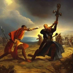 Priest smiting demonic Warlord,armies battling in the background, romanticism.