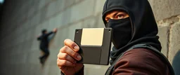 close up on guard holding up a diskette in front of a professional ninja thief climbing a wall during lightening,