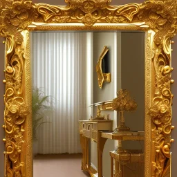 A 4K photo of A long ornate gold mirror. On the ground of a small minimalist style bedroom. The mirror is fractured into 100 symmetrical pieces