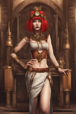 a skinny Cleopatra, with a bob red hairstyle, standing in a steampunk setting.