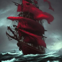 a pirate warrior in dark red and black on the mast of a ship, a highly detailed illustration, background of giant crashing ocean waves, realistic render, 8 k, micro detail, intricate, elegant, centered, digital painting, Artstation, smooth, sharp focus, illustration, artgerm, tomasz alen kopera, peter mohrbacher, donato giancola, joseph christian leyendecker, wlop, boris vallejo