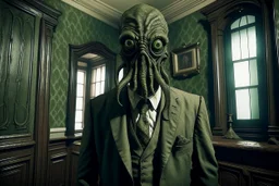 ww1 sick archeologist with suit talking close-up standing up looking to the camera, inside mansion room background, cthulhu face