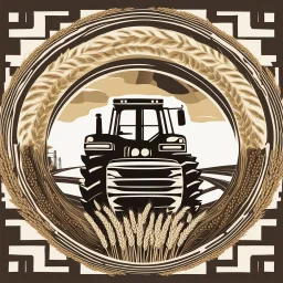 a circular frame made of spiraling wheat, a tractor at the center, bold modern urban vector