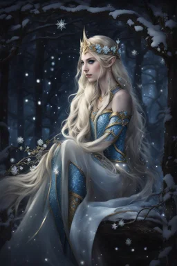 Elven princess,elven crown,long blonde golden hair,rapunzel hair,ice flowers,beautiful,light blue,dark blue,golden armor,sparkle,glitter,ice flowers,snow,elven ears,dark fairy princess