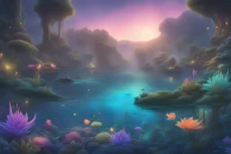 A serene lagoon filled with vibrant, bioluminescent plants and curious mermaids playing among the glowing waters. fantastical, intricate detail, splash screen, complementary colors, fantasy concept art, 8k resolution, pale skin, twilight, extreme quality, extremely detailed, ultra-detailed face, ultra hd 8k,