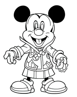 outline art for king Mickey Mouse coloring page, Japanese manga style, cartoon style, cute face, white background sketch style, full body is a must, only use outline, clean line art, no shadow, bold outline