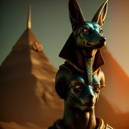 A portrait post-apocalypse of Jackal Egyptian God Anubis ,in the third temple, sci-fi fantasy style, volumetric lighting, particales,highly detailed,cinamatic,8k,3D,fire and black deep colours,ignore NSWF