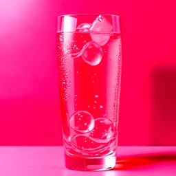 pink soft drink full of bubbles, in a very futuristic glass glass, with ice cubes, on a pink background