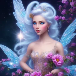 bright ice fairy, beautiful portrait, flowery landscape