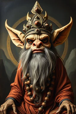 pin hole cam, master oil painting by Rembrandt,ohm ri shi lahkshmi super guru with lots followers looking like a salmon dog orc troll gremlin yoga guru