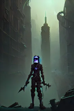 dystopian city, goblin, green skin, holding axe, steampunk style