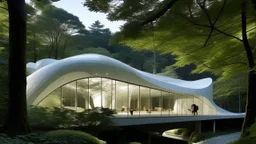 La Villa in the Forest de Toyo Ito propone una envolvente ligera y ondulante que suaviza la geometría ortogonal, integrando la arquitectura en un contexto natural de forma sutil y difusa.