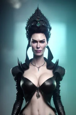 Lena Headay as evil queen in black leather, busty, cleavage, voluptuous, Aqua Lene, angry, stern look. character design by cory loftis, fenghua zhong, ryohei hase, ismail inceoglu and ruan jia. unreal engine 5, artistic lighting, highly detailed, photorealistic, fantasy