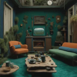 Detailed cozy living-room made of modeling clay, odd furnitures, naïve, strong texture, TV studio 1950's shot, extreme detail, Max Ernst, green and blue moody colors, sparkles, Yves Tanguy, odd