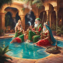 three elves in a harem smoking hookah in a pool