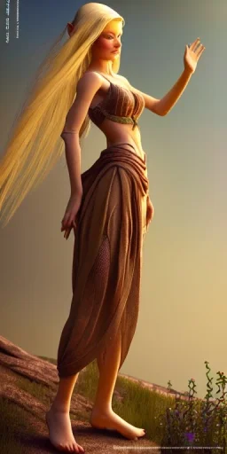 A long shot, Cute elven female adventurer with blonde long hairs dressed in a light sundress and with bare feet on the floor, posing frontally, in style of Cedric Peyravernay Art, microdetails, ultradetailed --ar 2:3 --beta --upbeta