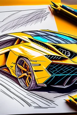 2d drawing in color Lamborghini, side view of drivers side, rough sketch