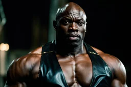 Adewale Akinnuoye-Agbaje x morris cheshunt as a handsome dark skinned and muscular heavy set man with a bald head and neatly trimmed beard. he is wearing a leather waistcoat and no shirt. he has a gold earing in his left ear. he has a angry expression on his face