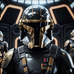 star wars bald male corellian pilot wearing dark gunmetal grey and black First Order special forces TIE pilot armored flightsuit and helmet with gold trim inside the jedi temple, centered head and shoulders portrait, hyperdetailed, dynamic lighting, hyperdetailed background, 8k resolution, volumetric lighting, light skin, fully symmetric details