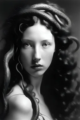 a black and white photo of a woman with long hair, by Méret Oppenheim, trending on tumblr, shanina shaik as medusa, portrait of a dark fantasy nymph, canopee, exotic lily ears, marlene dumas, pigtail, fernand keller, 1 9 th century photography, kete butcher, trending on artstaion
