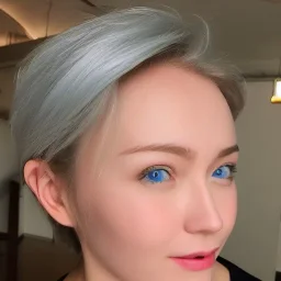 Pretty face of a woman,deep blue eyes, nice nose, pretty lip, simi smile, pointed ears, white skin, white simi gold hair, medium hair, nice neck, sexy soulder, looking in side view, sexy sando,
