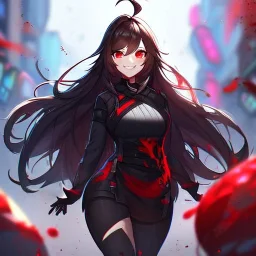 Clear focus,High resolution,High quality, Smiling,Wearing a Fortnite Inspired Outfit,Wearing black long socks, Black Long hair with a ahoge, Red eyes, Wearing black gloves, Bloody mess