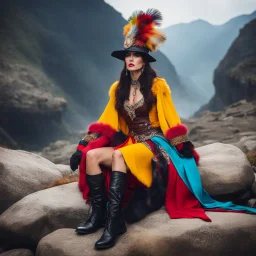 Fantasy royalist woman sits on rocks, she wear exaggerated hat, gloves and boots in leather, and colourful robes