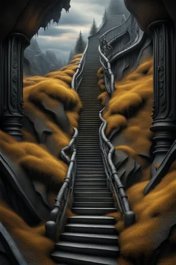 The stair to the top of the mountain full body, full shot,forest,Sony Alpha 7 50mm 1.8,medium shot, high-resolution image with fine details, citrine, ultra detailed,ultra realistic,extremely realistic,intricate,photorealistic,epic composition,masterpiece,H.R.Giger style