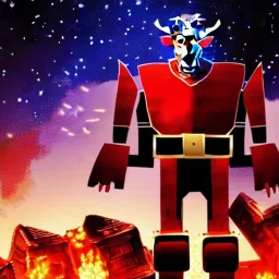 merry christmas, Transformers, Megatron dressed as Santa with Rudolph, cyberpunk, landscape, transformers, hi-tech robots, cinematic, highly detailed, close up, 4k, deep colors, gold, fire, red, purple, dark, ethereal, utopia, apocalypse,