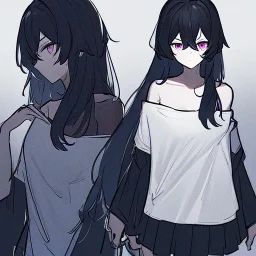 Clear focus, High resolution, rough line sketch art, long black hair, hair between eyes, fluffy hair, purple eyes, wearing a off shoulder shirt, no spaghetti strapes, dark aura, 1girl, wearing a skirt, under the shirt with a black sleeveless shirt