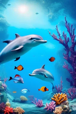 underwater, coral, a dolphin, beautiful colors, fish, very fine detail, high quality, mystical, intricate, Neo-Impressionism, soft lighting, fantasy,