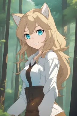 Young woman with dirty blonde hair, cougar ears, vivid light blue eyes, wearing animal hides, smiling, smirking, forest background, RWBY animation style