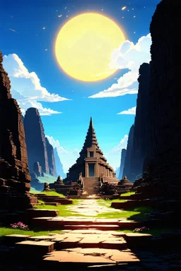 Ancient digital temple of Satoshi, golden sunset over blockchain ruins, mysterious and powerful anime setting