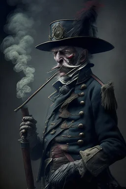 70 years old victorian bloodborne soldier with a musket and cigarette