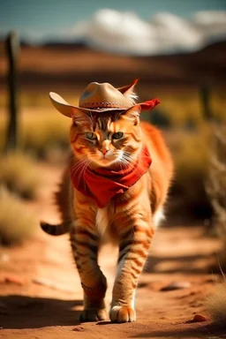 gato de colorado, caminando, vestido de cowboy, dentro de el lejano oeste. estilo caricatura