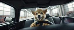 car driving happy 2d rambo fluffy elf dog in the style of Escher and Giger and Fallout 4, pinhole cam, airbrush 3d rendering, on tv screen:A five-second cinematic single take in a clean industrial presentation hall.