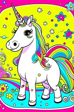 kids illustration, an unicorn image, cartoon style, thick line, low details, vivid color