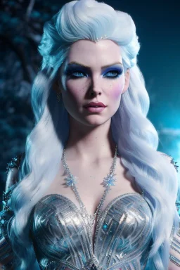 Full body de hermosa y malvada reina del hielo, pelo blanco, ojos azules luminosos, vestimenta intrincada, hiperdetallada, calidad ultra, increíble obra de arte