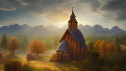 New round cylindrical enormous wooden church with cone-shaped roof in rural surroundings, and mountains in the far distance, highly detailed, realistic, sunshine, RTX