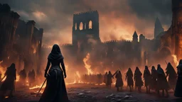 a female warrior in black cloth and gloves leading an army of the dead through a burning medieval city. the apocalypse. empty hands. blood. magic in the sky. fantasy setting. intense horror. blind terror. scared to death. a masterpiece, fantasy concept art, dynamic lighting, hyperdetailed, intricately detailed, deep color, Unreal Engine, volumetric lighting, Epic cinematic brilliant stunning intricate meticulously detailed dramatic atmospheric maximalist digital matte painting