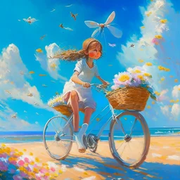 A girl is riding a bicycle on the beach. His cat is sitting in the front basket of the bicycle. Spring flowers can be seen everywhere. Beautiful blue sky with white clouds - kites in the sky. sense of peace. digital art, oil painting, 8k, full details, colorful, high resolution